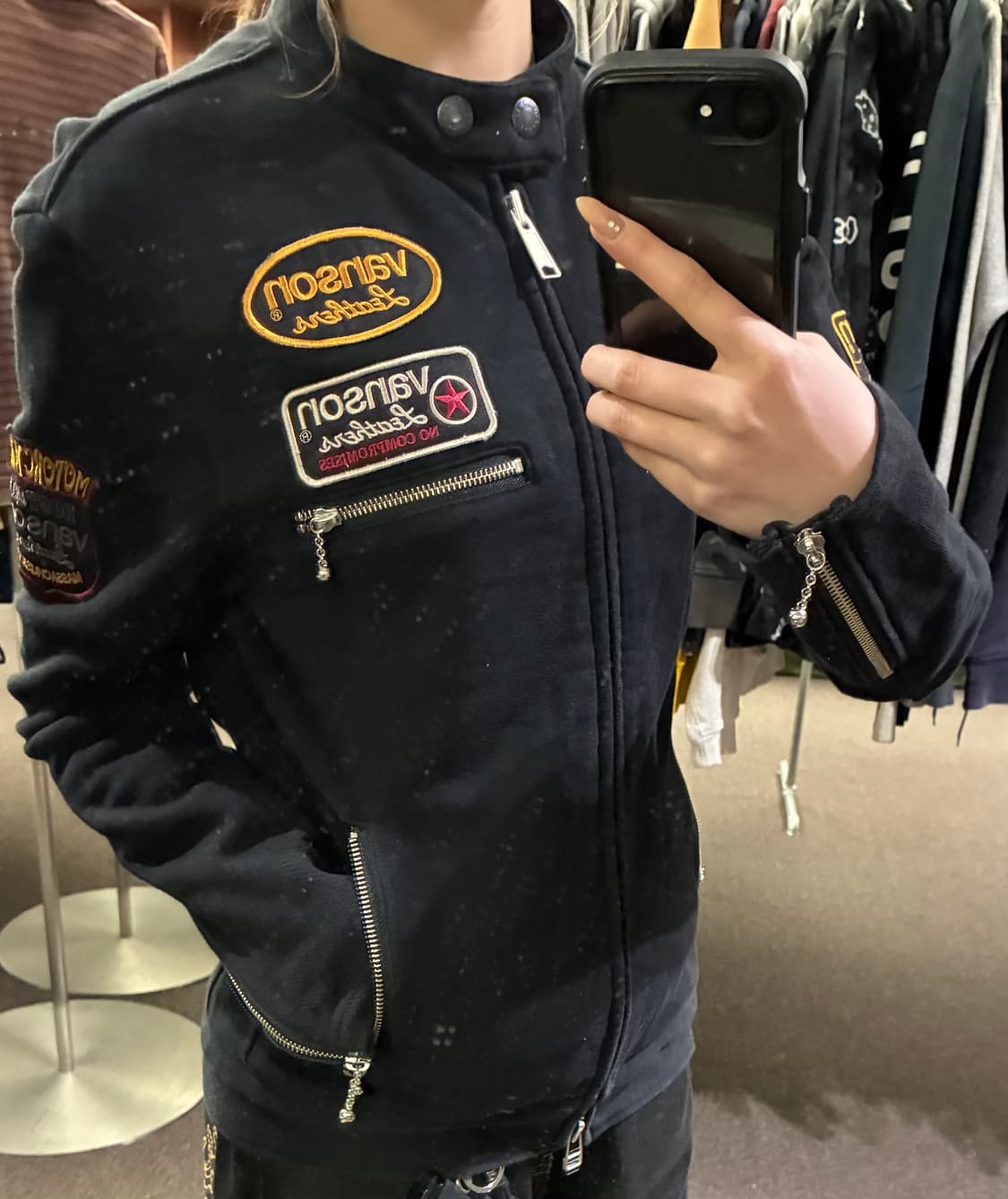 S)밴슨 레더 빈티지 자수 스타 패치 바이커 자켓 상품이미지1