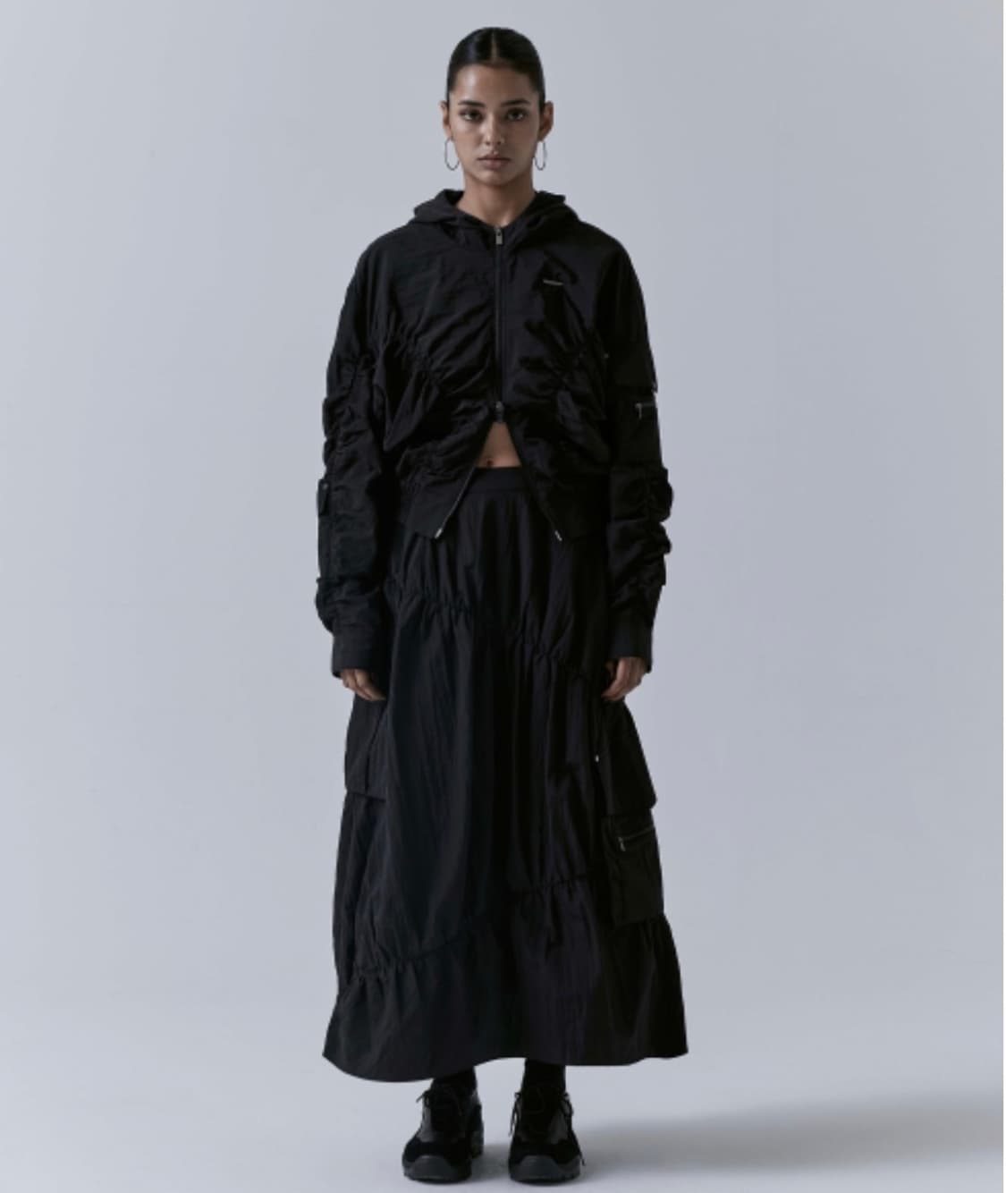 트리밍버드 나일론 셔링 셋업 집업 블랙 상품이미지3