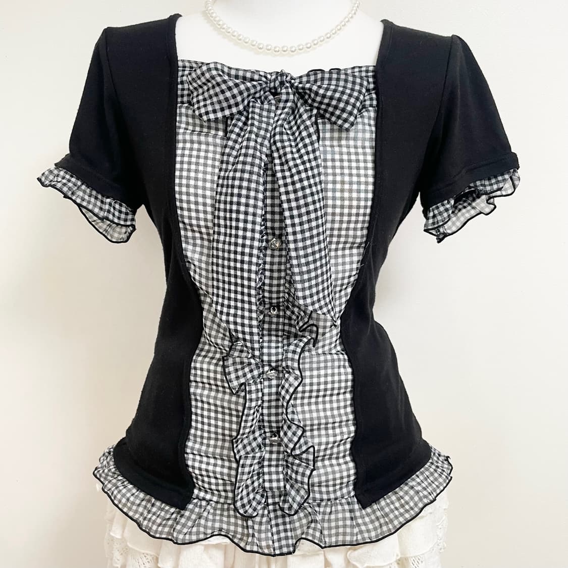 공겜여주깔 일본빈티지 체크리본 로걀탑 딱붙탑 러블리 갸루 고스로리 상품이미지3