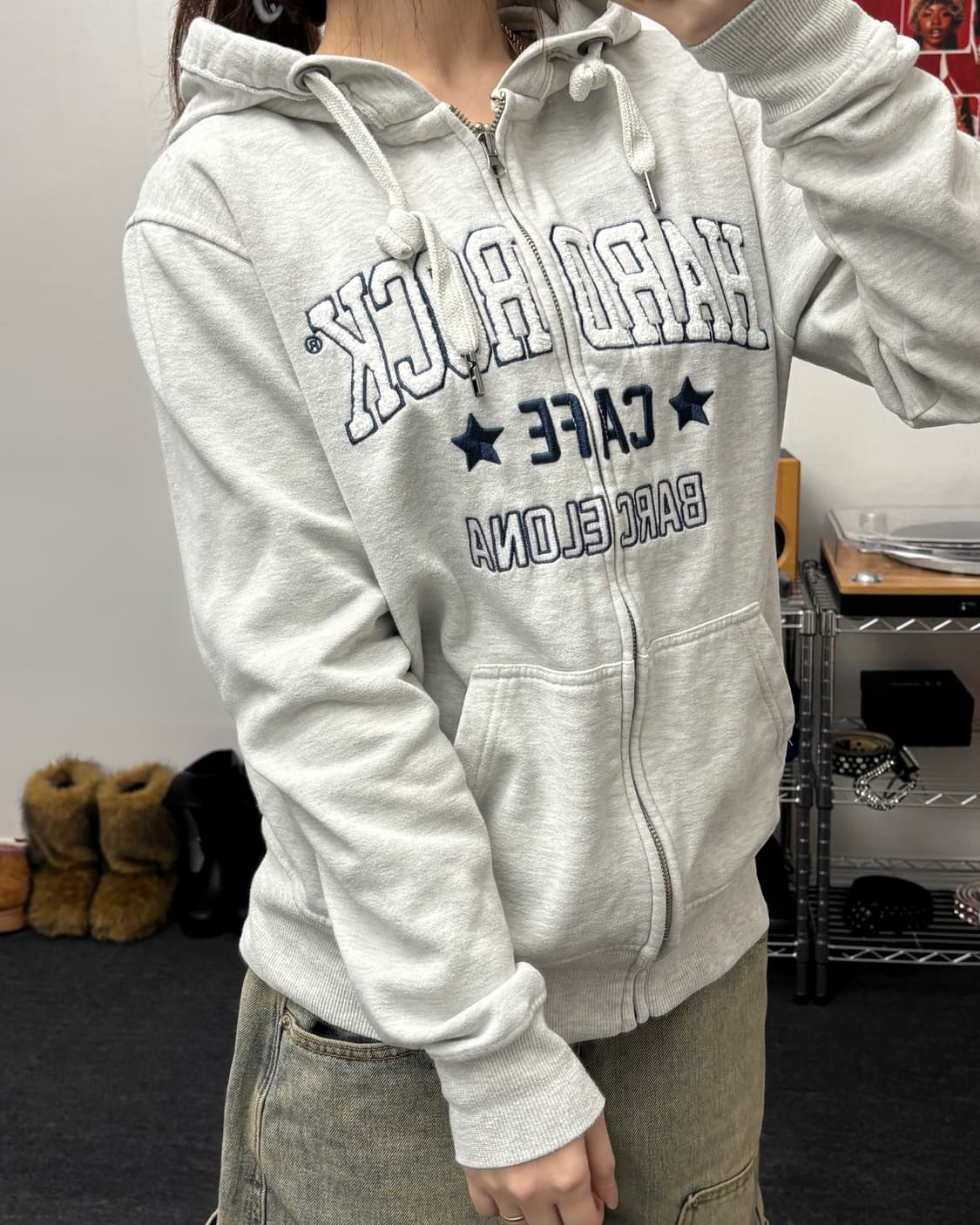 하드락카페 아플리케 로고 멜란지 후드집업 상품이미지2