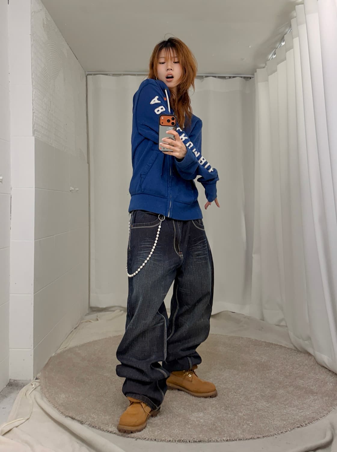 아베크롬비 네이비 후드집업 + 흑청 오렌지 자수 힙합 팬츠 상품이미지2