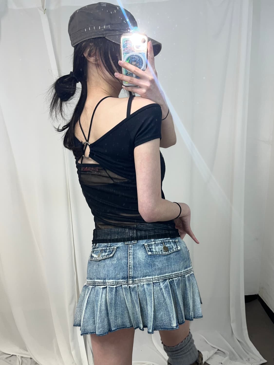 블랙 오프숄더 백 메쉬 포인트 P2K 티셔츠 상품이미지2