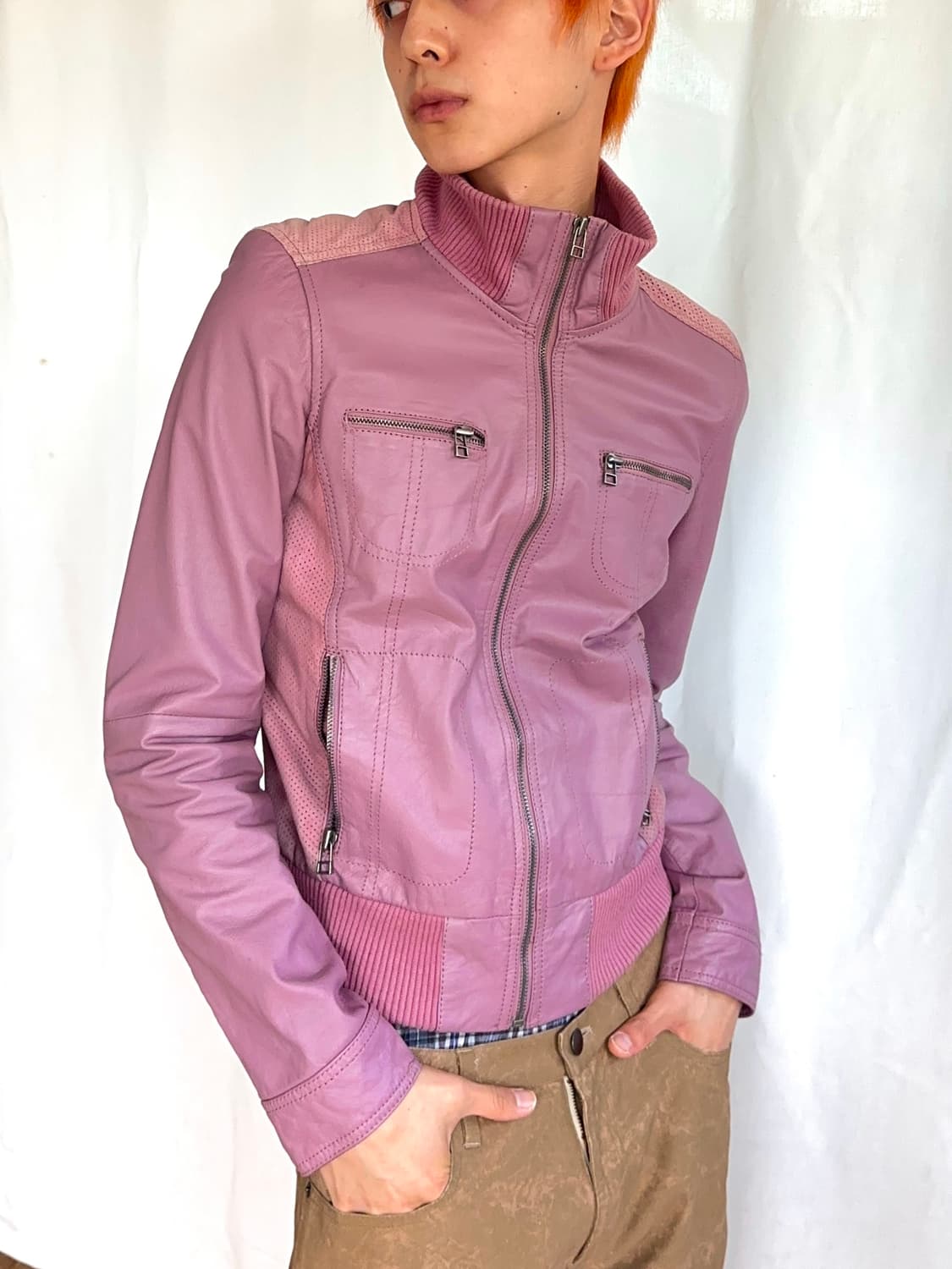 IRF 핑크 레더 모터사이클 자켓 상품이미지1