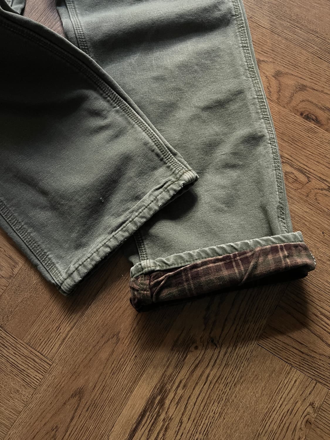 [33]칼하트 USA 체크 라이닝 모스그린 싱글니 워크팬츠 상품이미지2