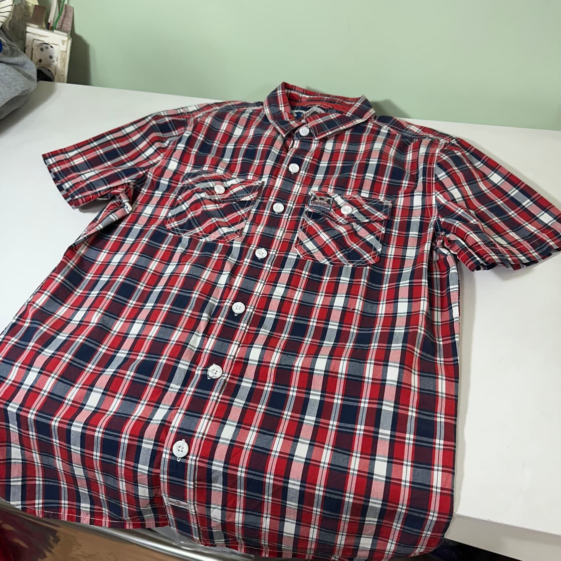 우먼L 슈퍼드라이 투포켓 써머코튼 체크 반팔셔츠 상품이미지4