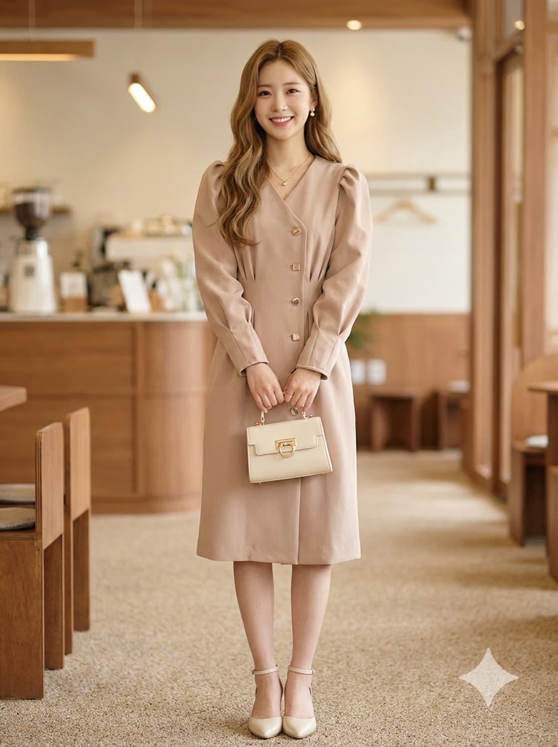 DINT 딘트 베이지 퍼프 소매 브이넥 버튼 원피스 상품이미지1