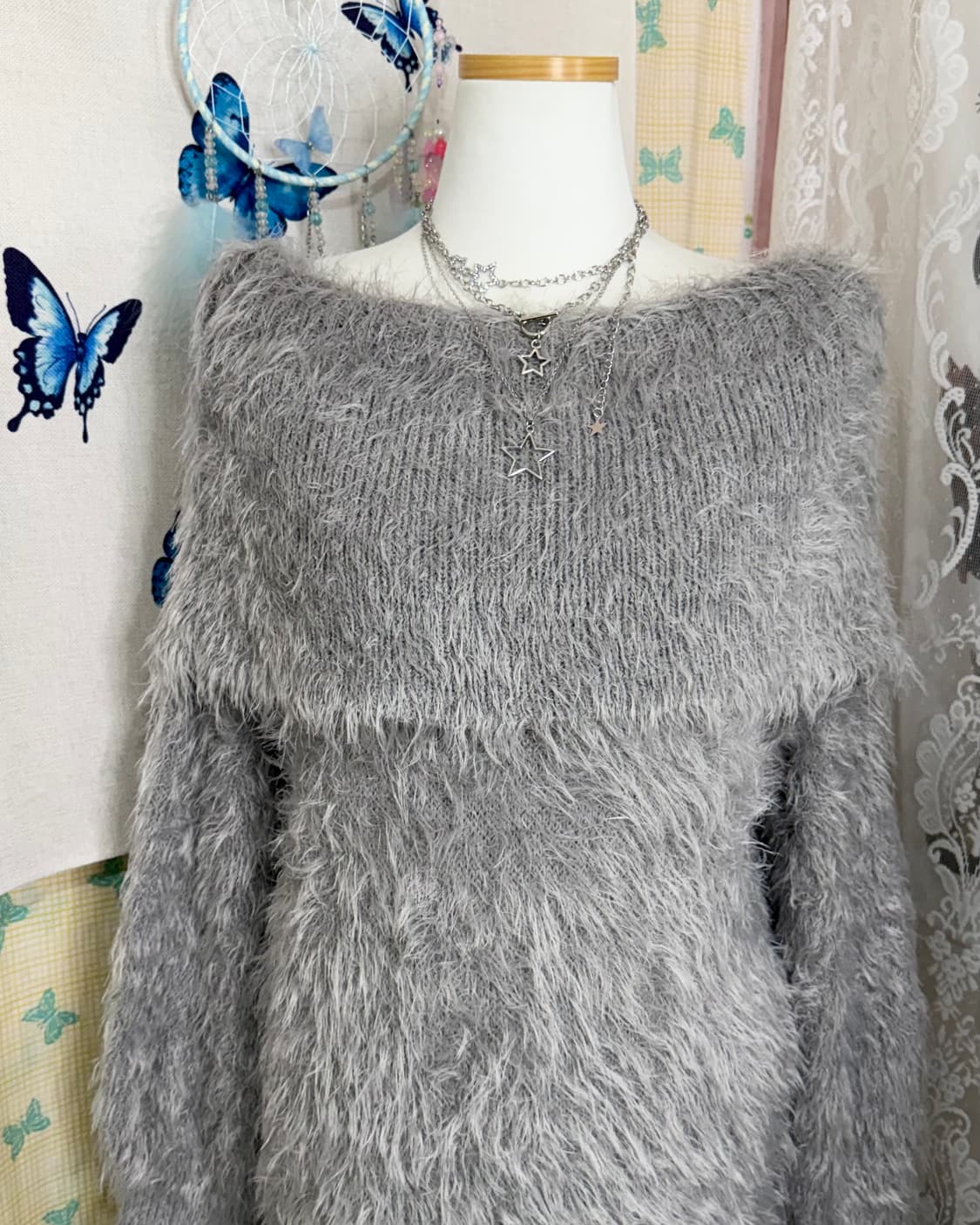 그레이 퍼 오프숄더 니트 원피스 상품이미지5