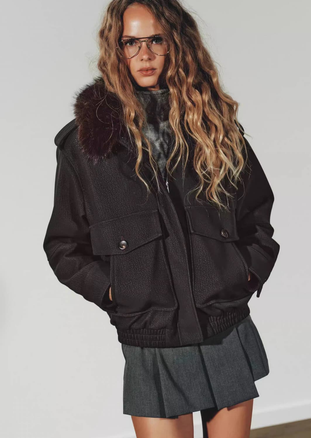 ZARA 퍼 카라 점퍼 브라운 상품이미지1