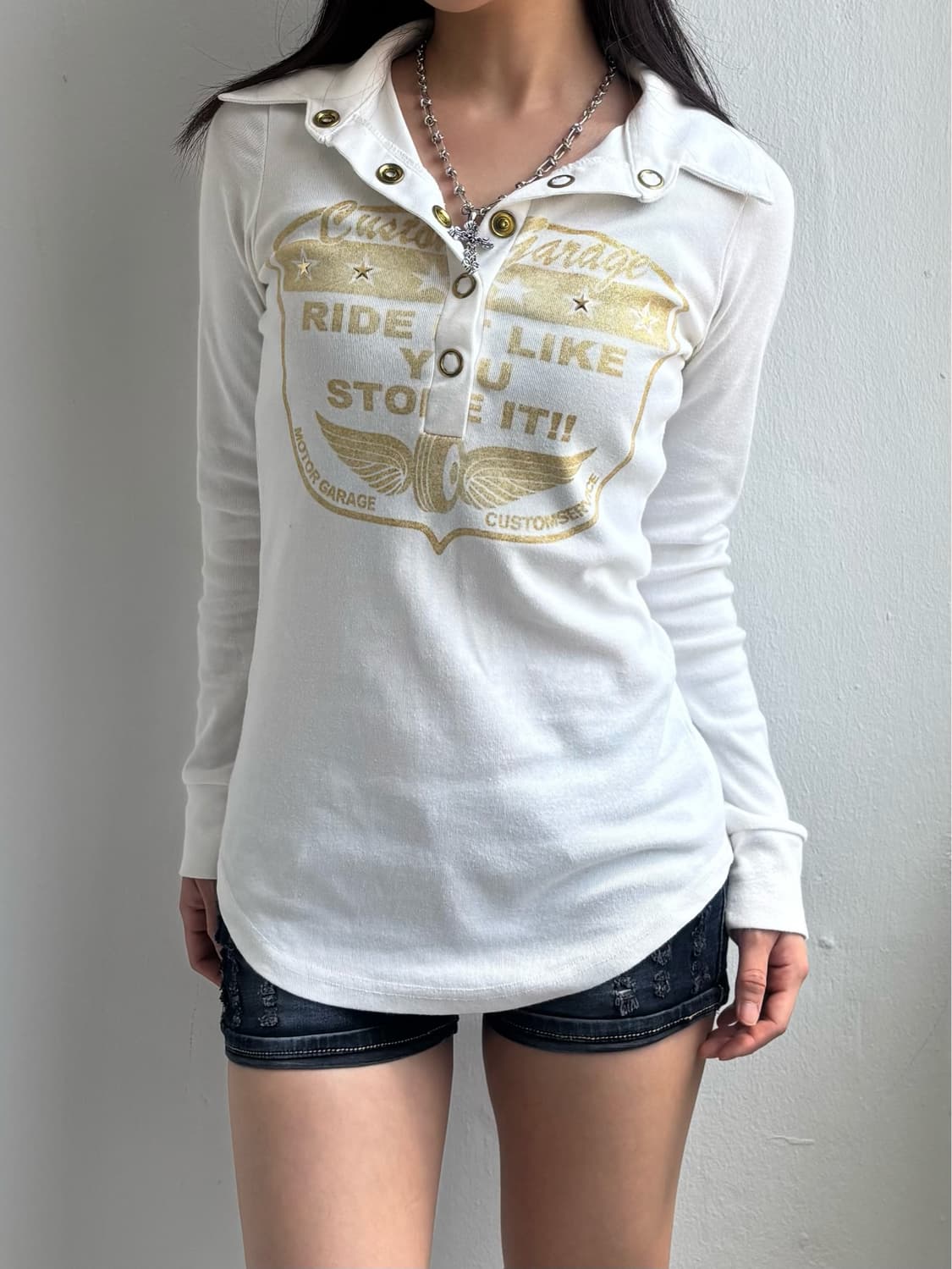 Vintage Graphic Snap Button Collared Top 상품이미지6