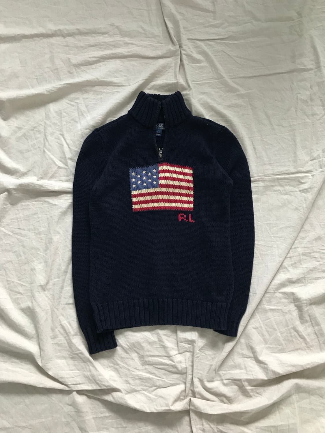 폴로 랄프로렌 성조기 로고 네이비 반집업 니트 상품이미지5