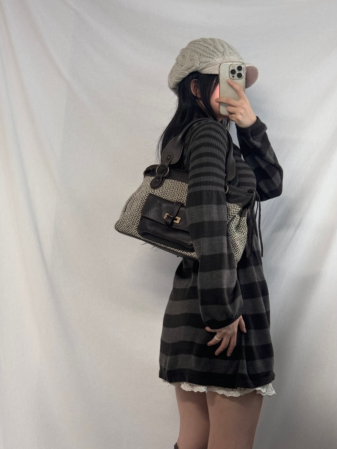 스트라이프 패턴 퍼프 슬리브 니트 원피스 (이너 세트 구매 가능) 상품이미지3