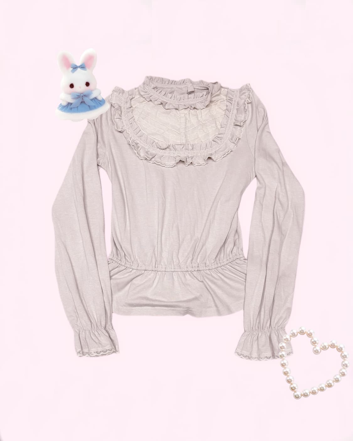 히메갸루 레이스 디테일 포인트 공주 허리 셔링 레이스 긴팔티  상품이미지1