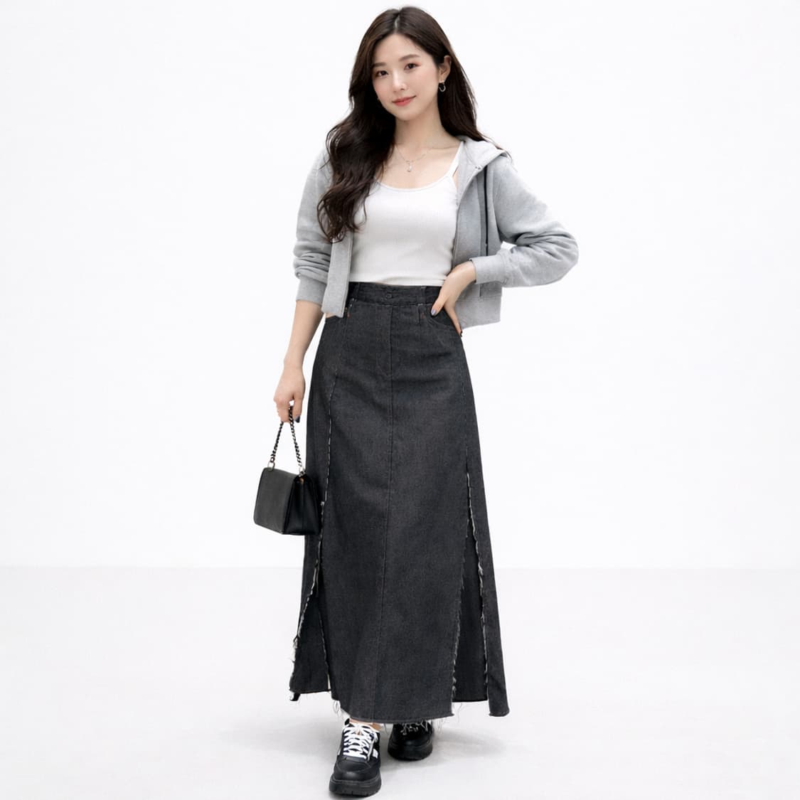 바게트(Baguette) 절개 디테일 데님 롱 스커트 블랙 상품이미지1