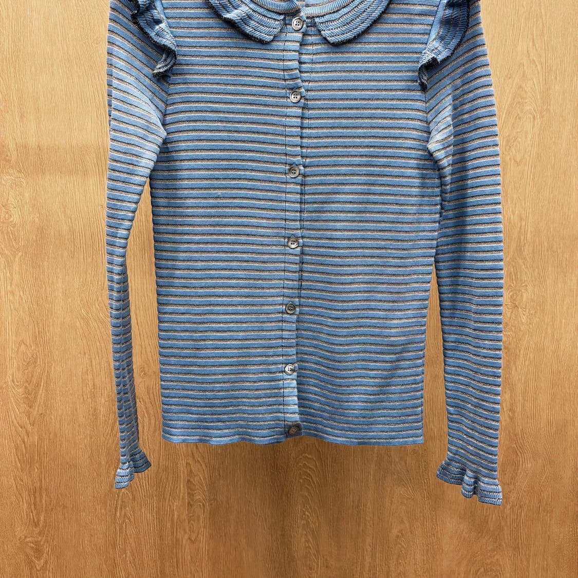 소니아 리키엘 라운드넥 니트 가디건 러플 골드 스트라이프 디테일 블루 상품이미지5