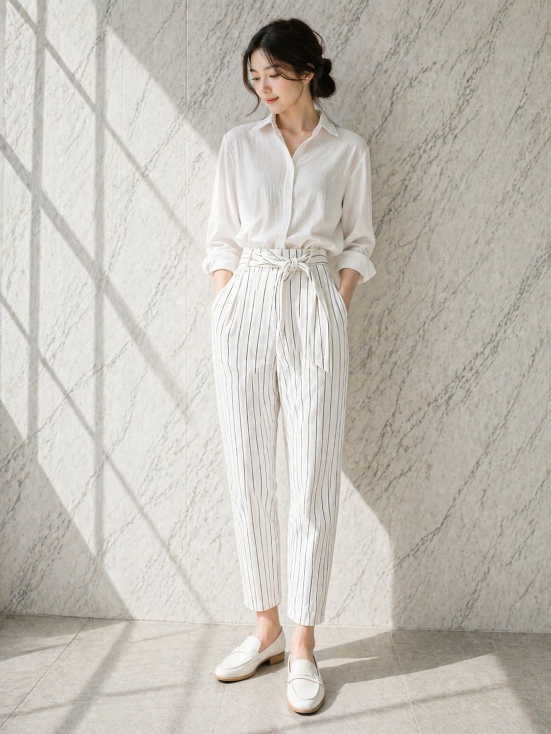 타임 포스트모던 스트라이프 테이퍼드 팬츠 / 여름용 / 하이웨스트 상품이미지2