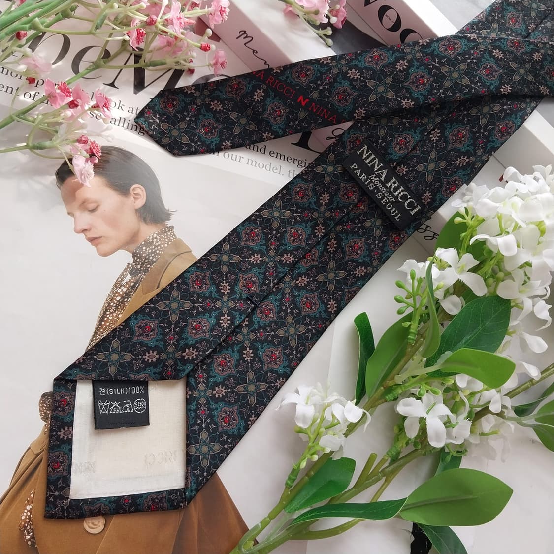 니나리치 블랙 그린 패턴 넥타이 8.2cm S~A+등급 K2441 상품이미지4