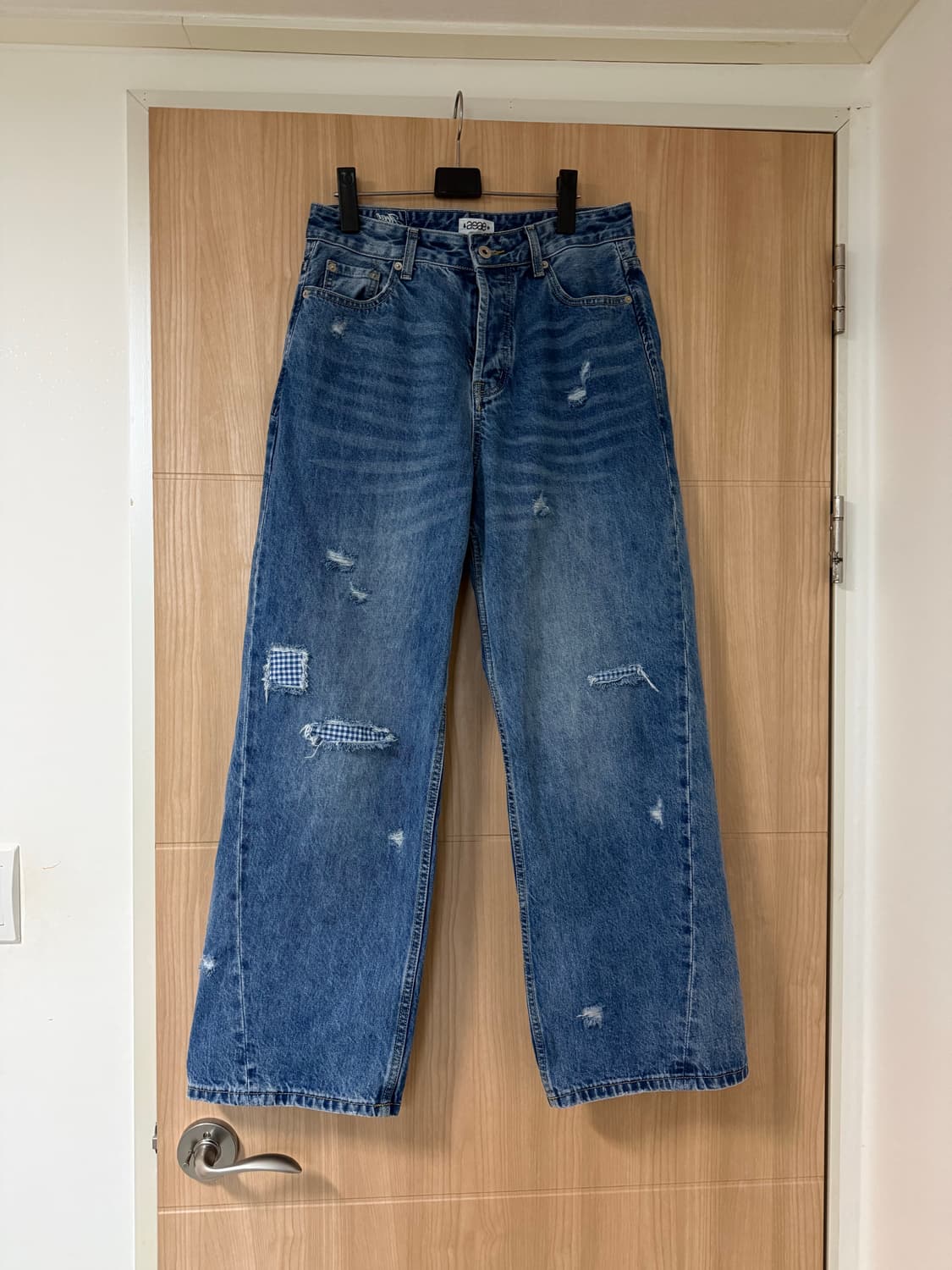 에이이에이이 체크 패치워크 데님 팬츠 미드 블루 1사이즈 상품이미지2