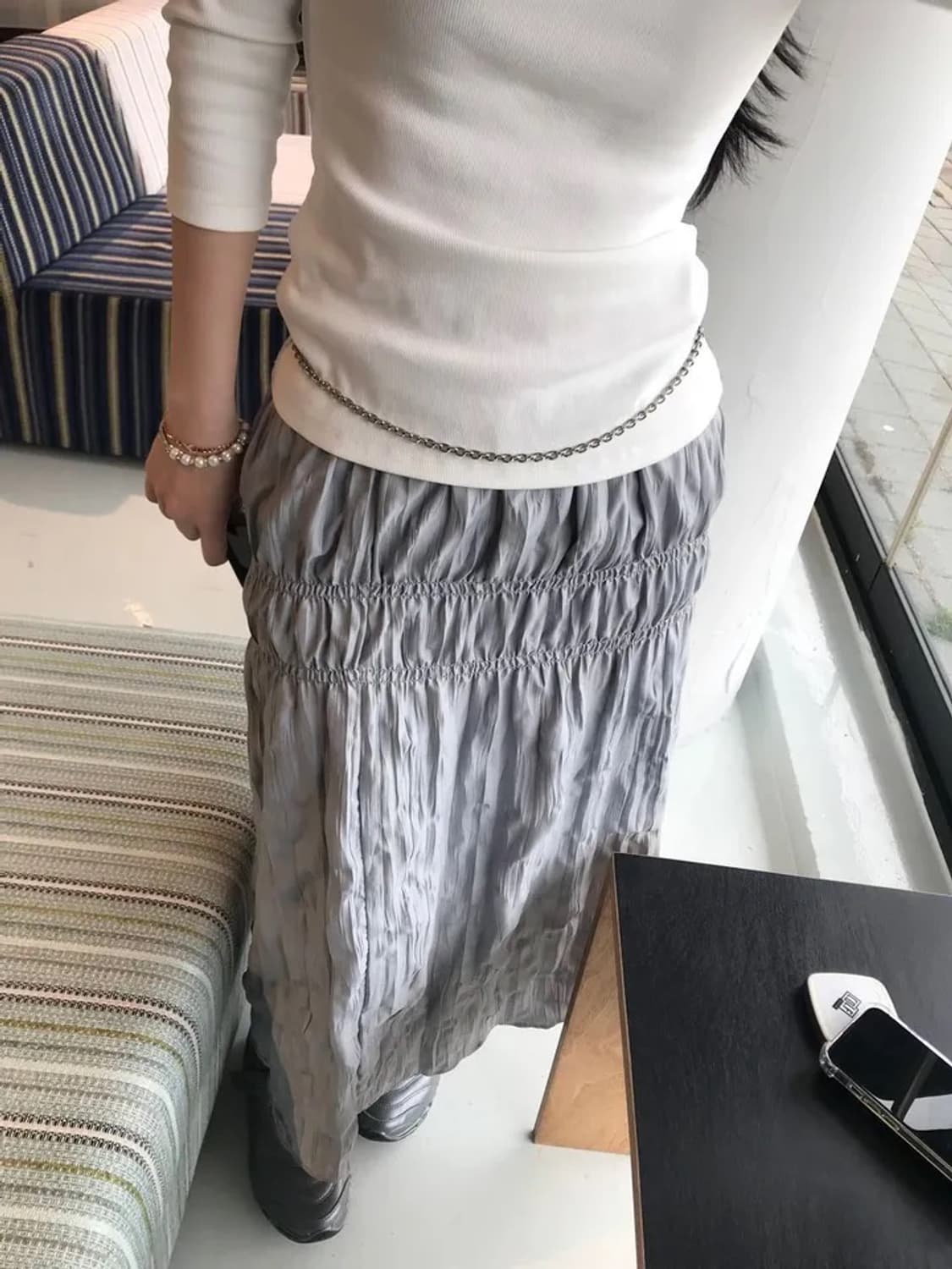베락 벌룬 롱 밴딩 스커트 블루 그레이 실버 상품이미지1