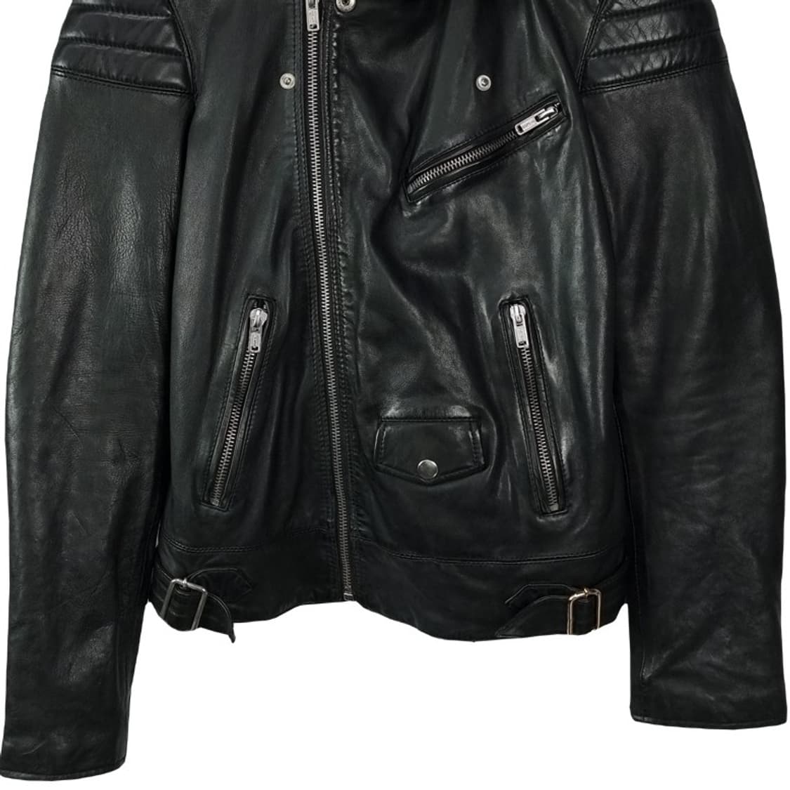 빈티지 리얼 쉽스킨 레더 양가죽 사선 라이더 레더 자켓 블랙 M16807 상품이미지5