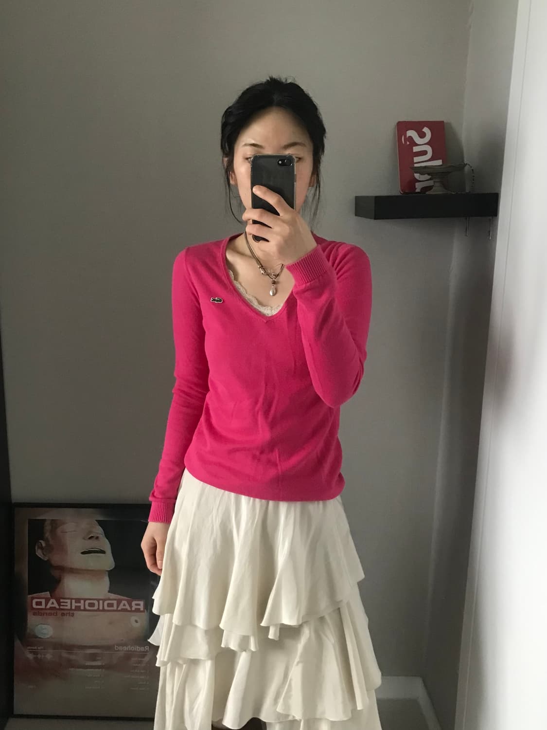 라코스테 로고 핑크 브이넥 니트 상품이미지1