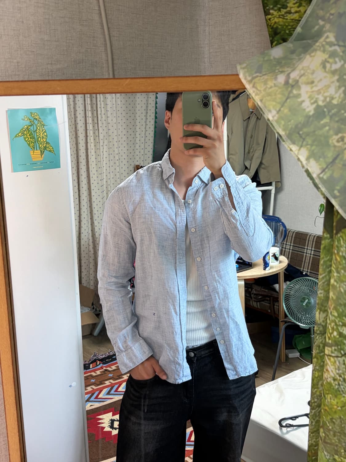 100) 코오롱 시리즈 린넨 셔츠 마 셔츠 하늘색 상품이미지2