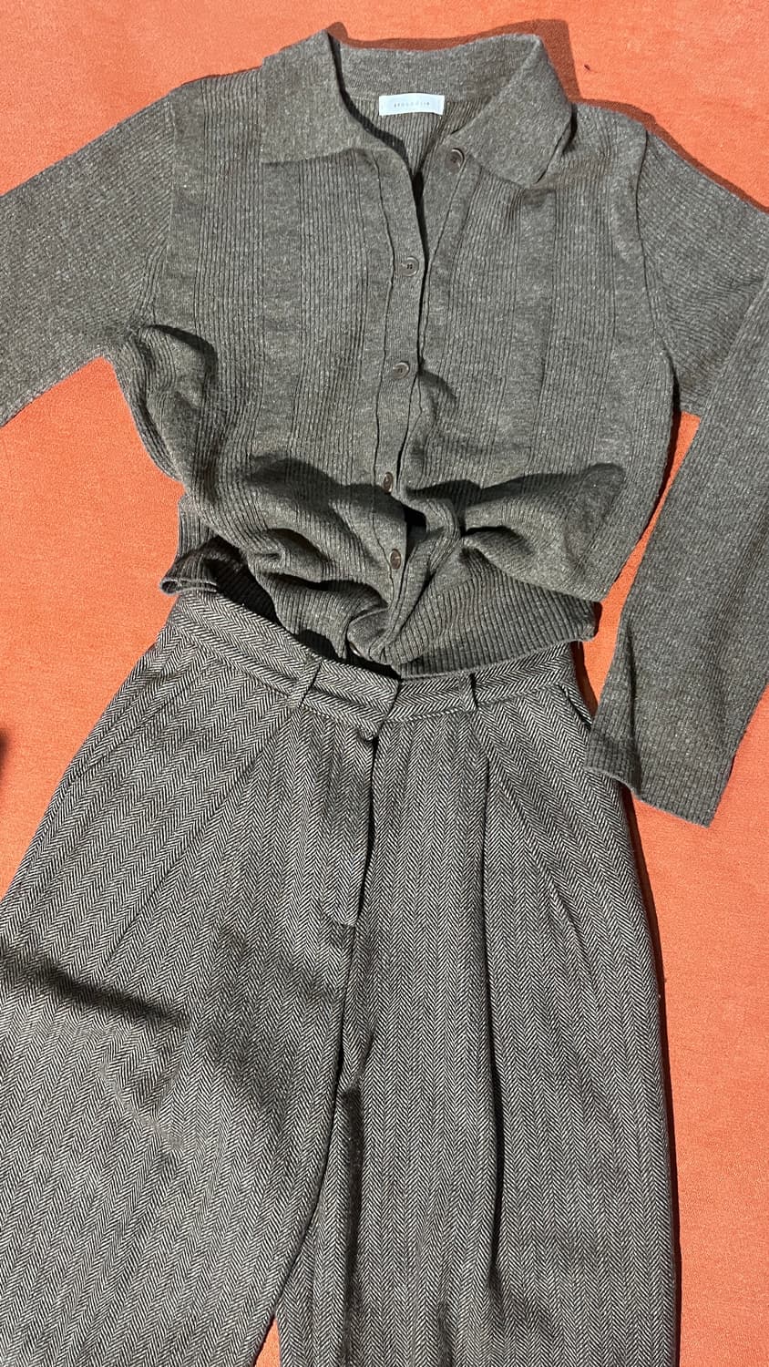 르메르핏 헤링본 카키브라운팬츠,브라운니트 셋업 (울,캐시 혼방)빈티지 상품이미지4