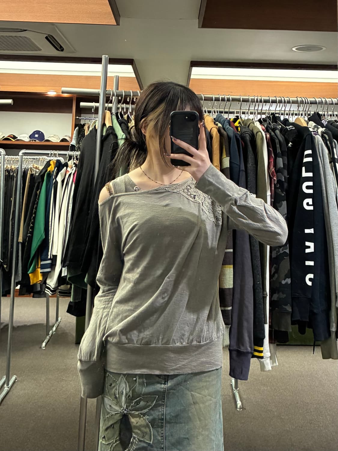 OS)Japanese vintage 여성 꽃 레이스 디테일 오프숄더 롱슬 상품이미지1