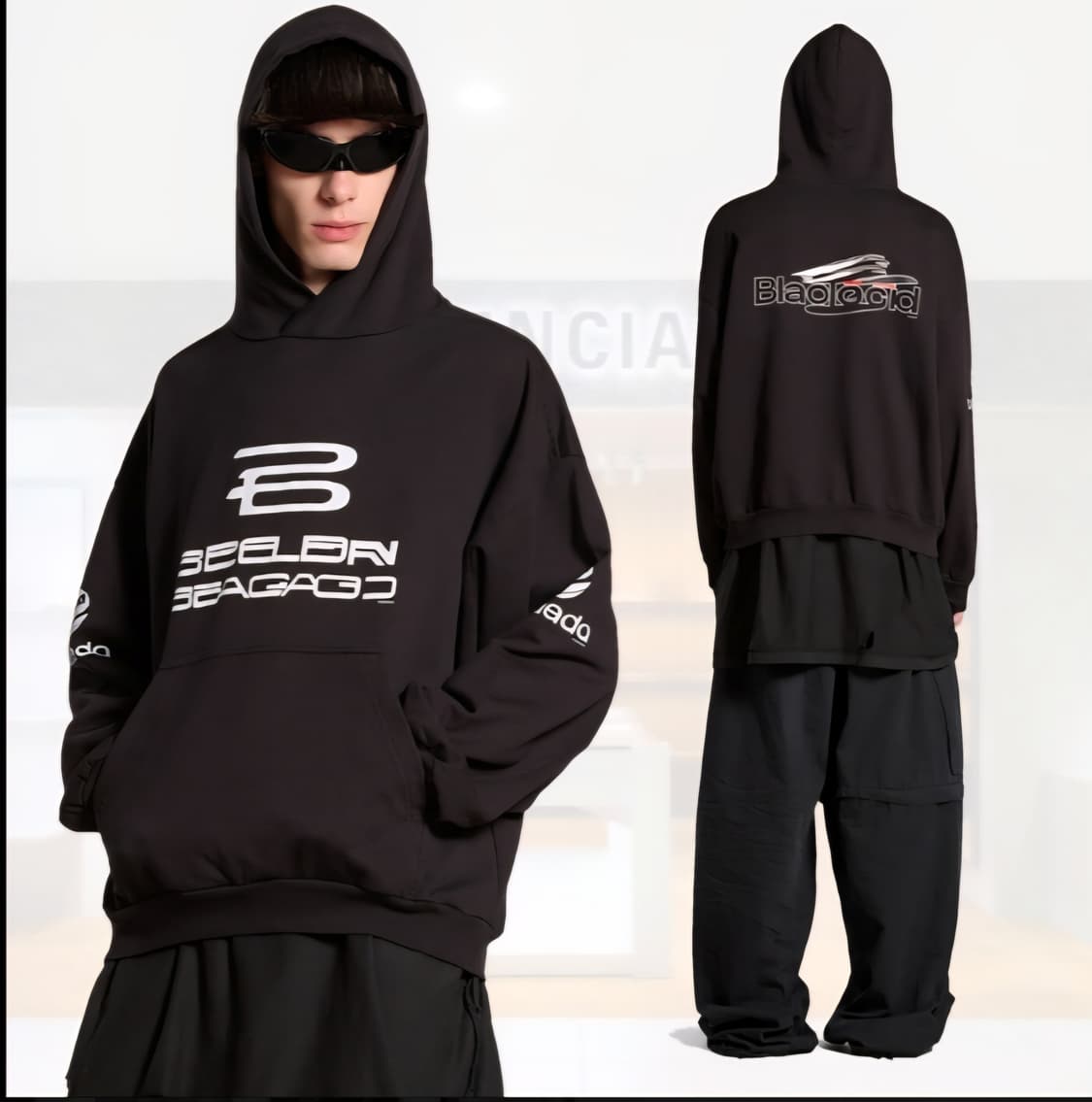 발렌시아가 제네레이트 로고 후드 티셔츠 긴팔 티 블랙 화이트 상품이미지2