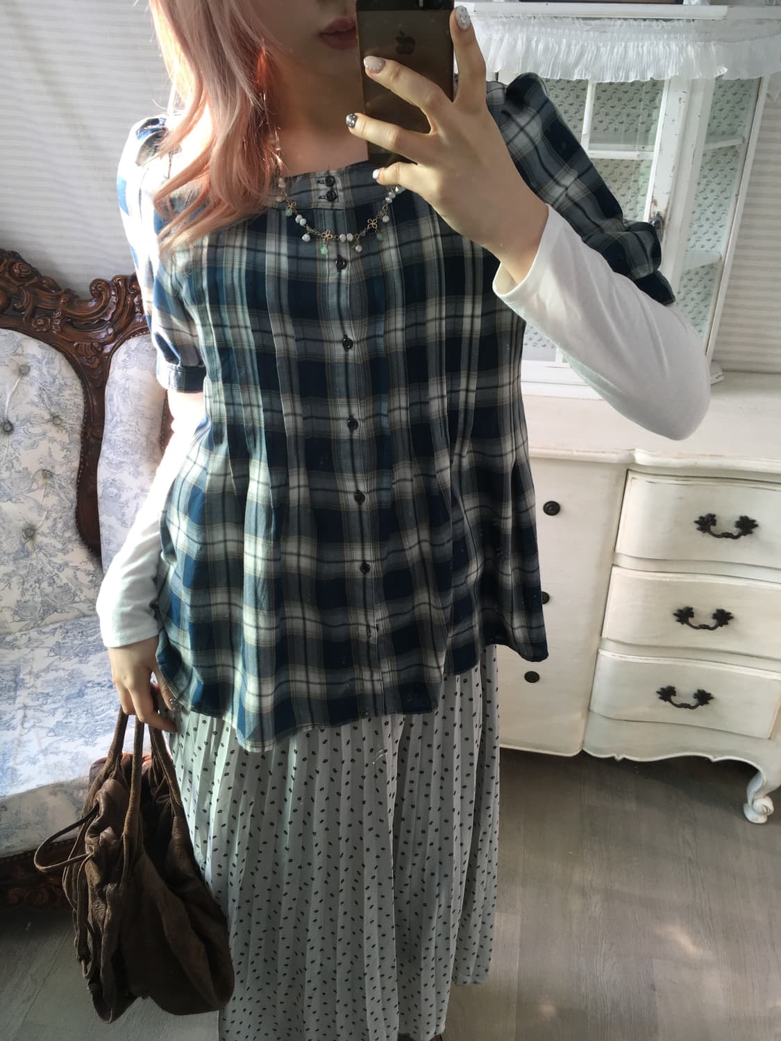 jpn vintage blue check pintuck blouse 상품이미지3