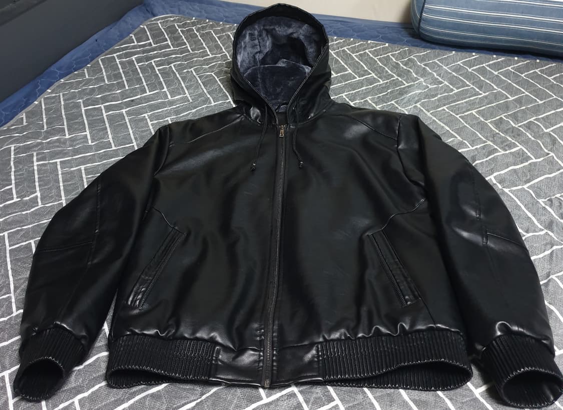 오버핏 안감보아털 후드 가죽자켓 블랙 (XXL) 상품이미지1