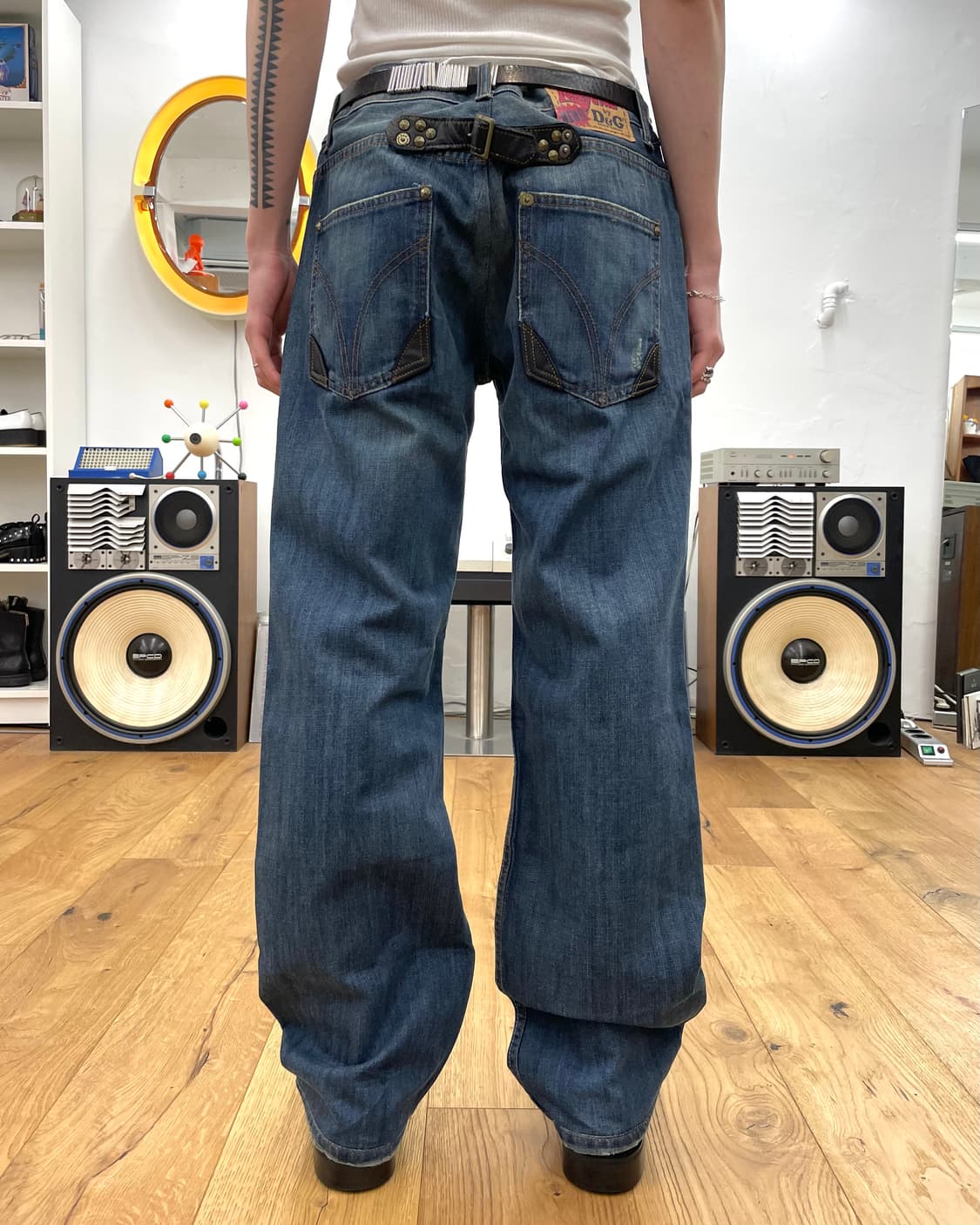 [36] D&G 돌체앤가바나 레더 신치백 데님 팬츠 상품이미지1