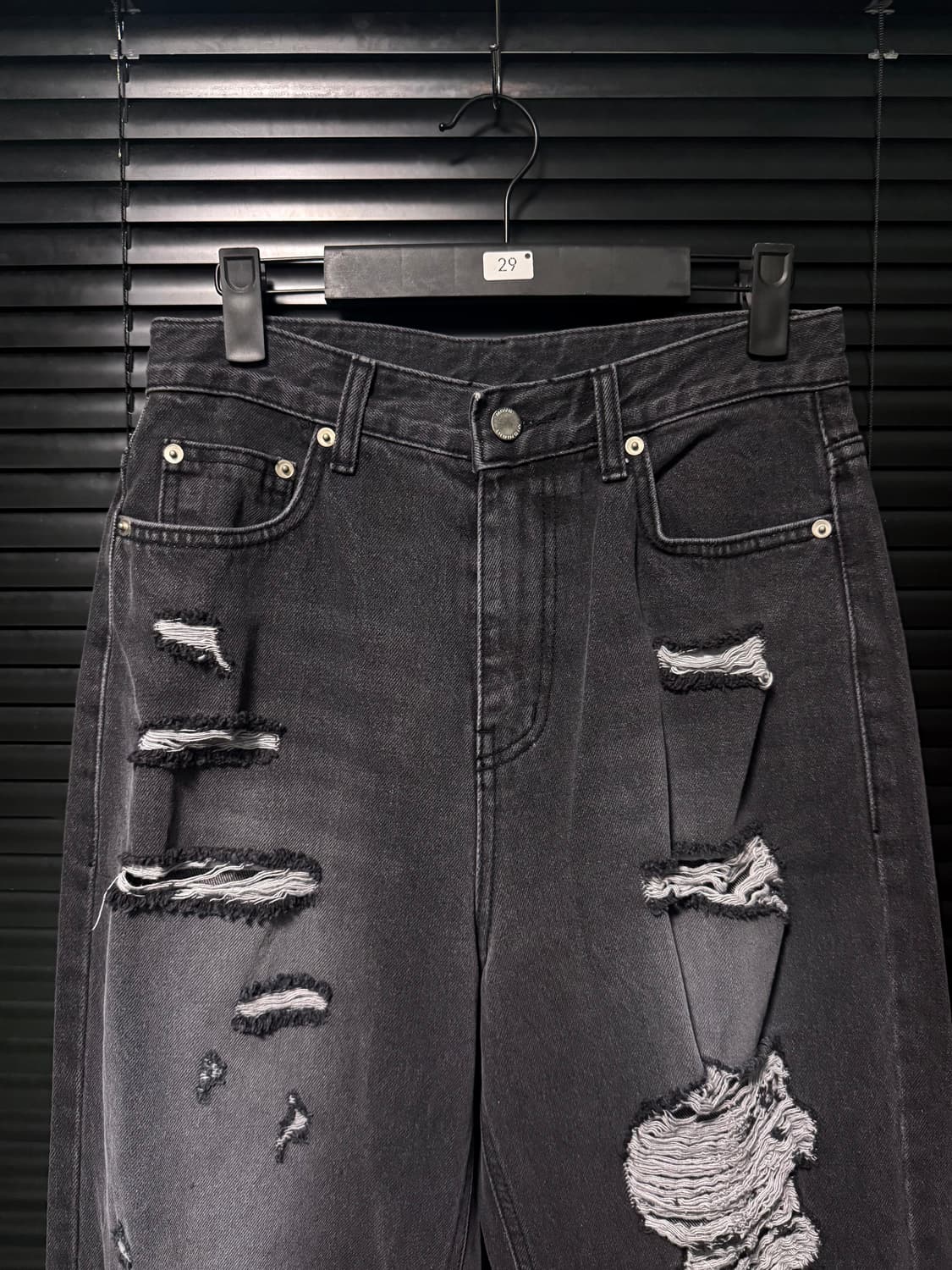 미드나잇무브 찢청 디스트로이드진 와이드 흑청 데님 M 27 블랙 워싱 상품이미지2