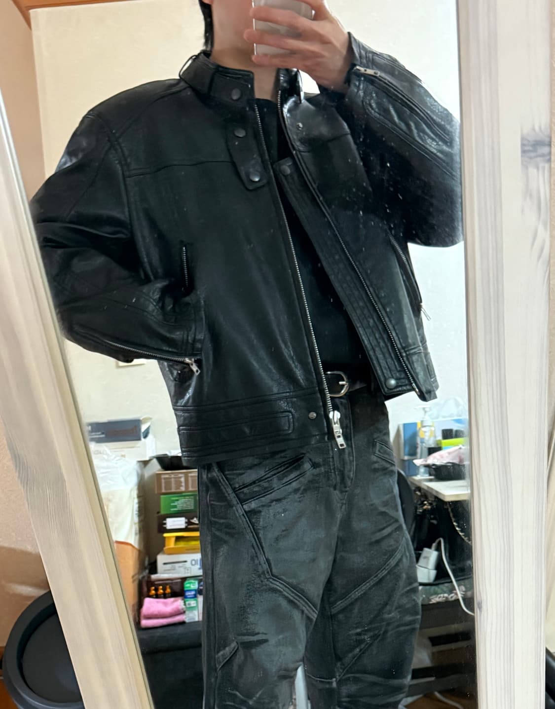 알렌느 - 벨티드 3D 레더 바이커 자켓 (블랙/1) 상품이미지7