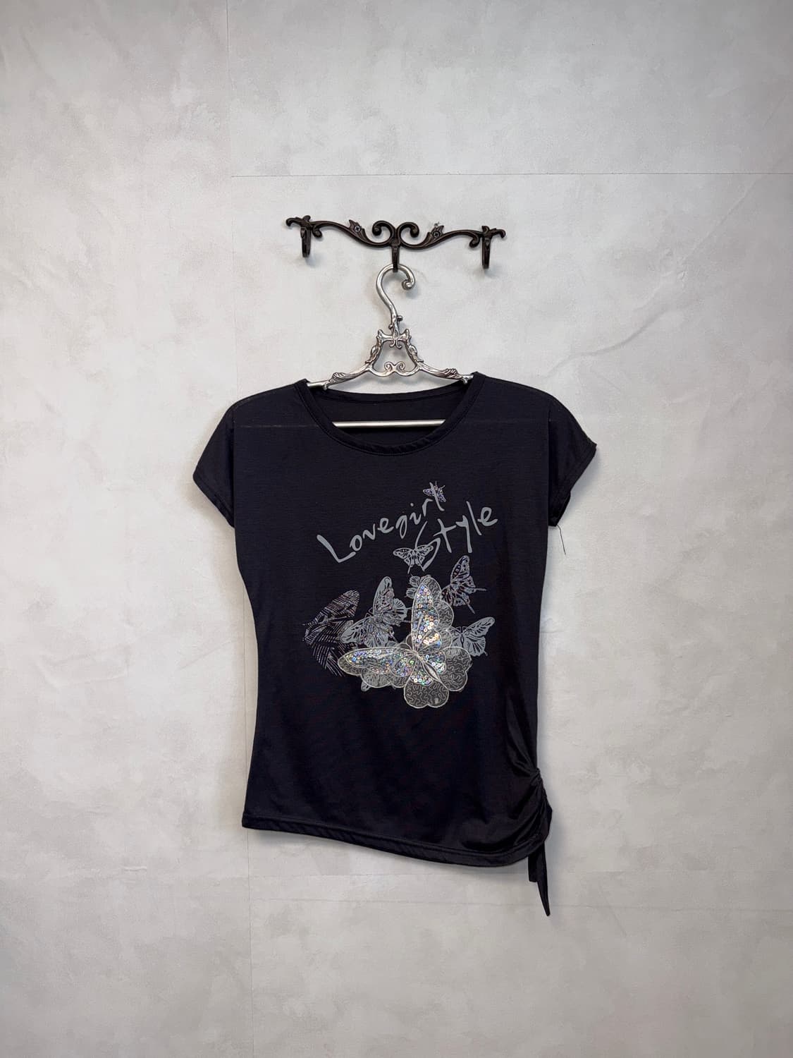 Charcoal spangled butterfly shirring 반팔티 상품이미지4