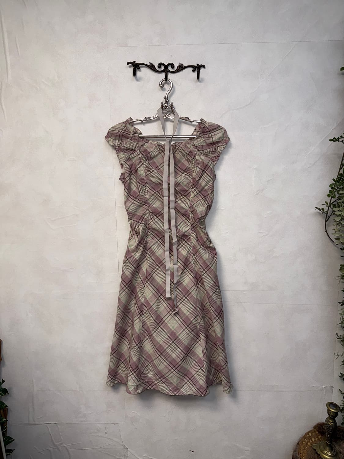 Mute pink check offshoulder shirring ops 상품이미지4