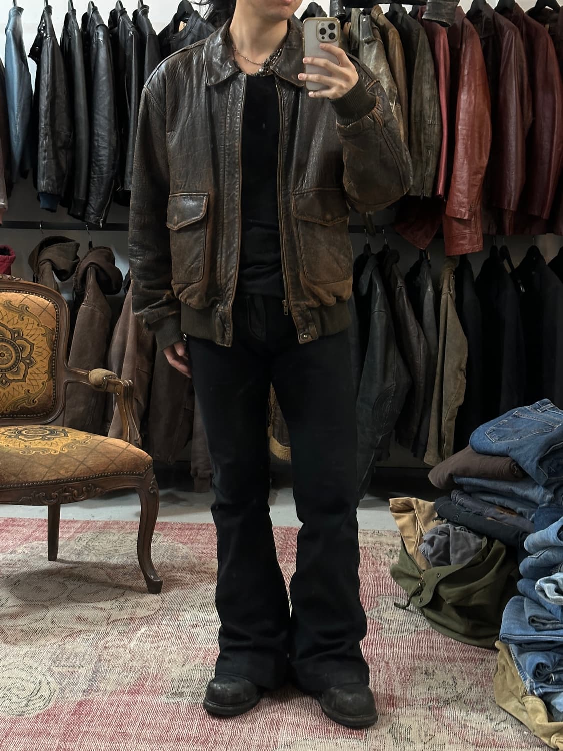 90's 빈티지 하드에이징 A2 봄버 자켓 빈티지 레더 자켓 상품이미지10