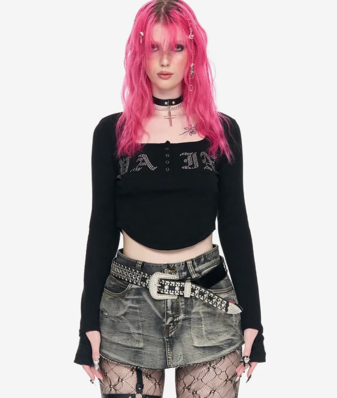 스키즘인듀싱 PAIN RHINESTONE TOP 크롭 롱슬리브 상품이미지1