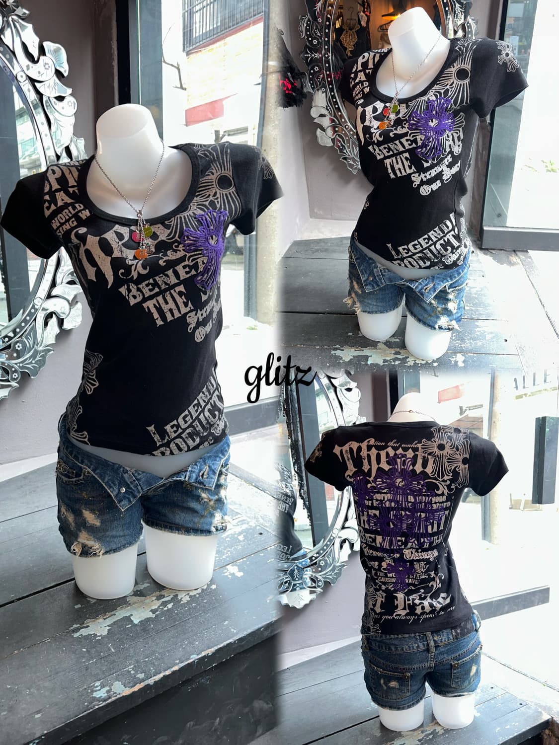 Glitz 글리츠 십자 자수 프린팅 반팔티 y2k펑크갸루 상품이미지2