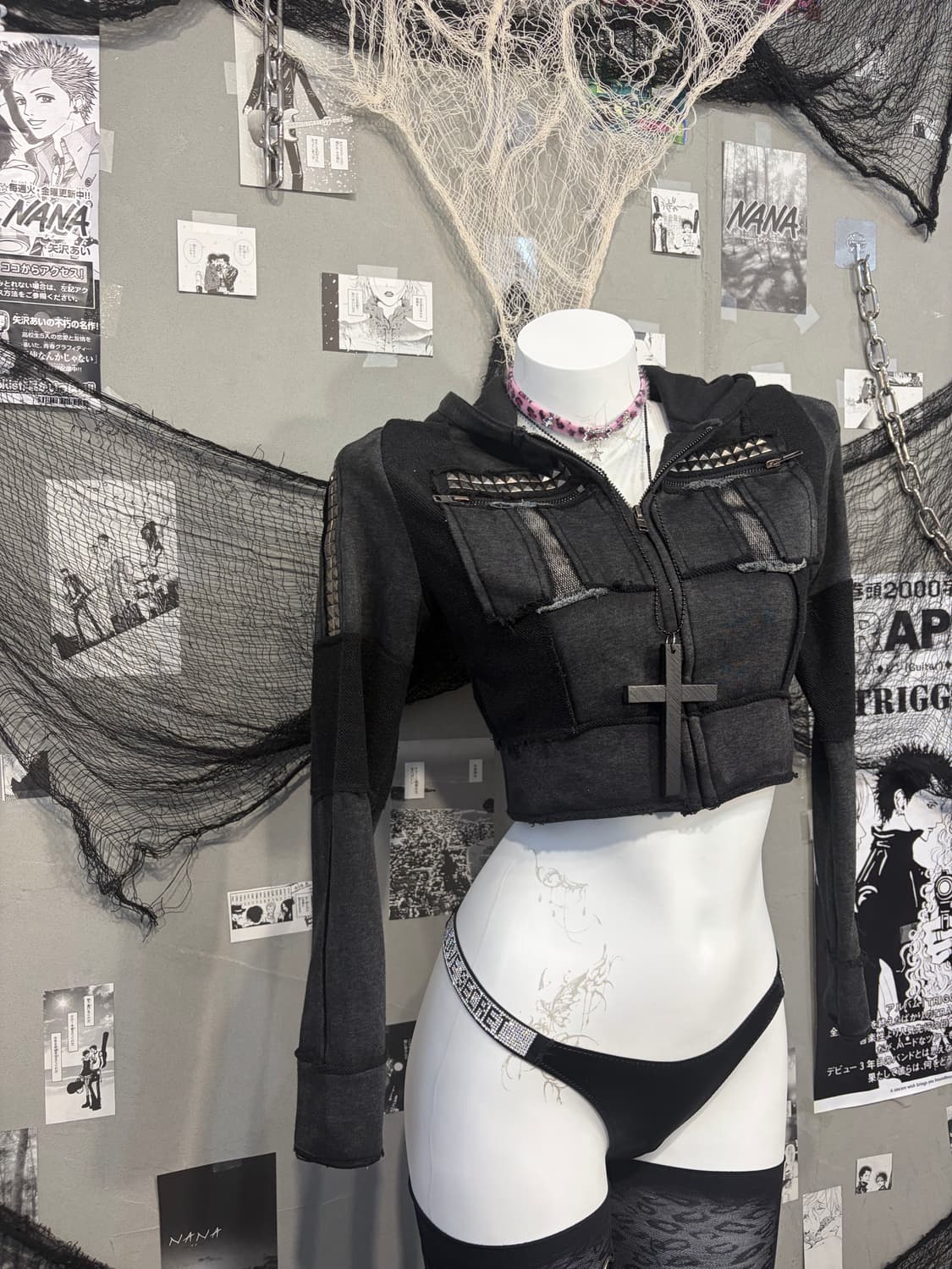 Gothic Stud Distressed Crop Hoodie zip  상품이미지8