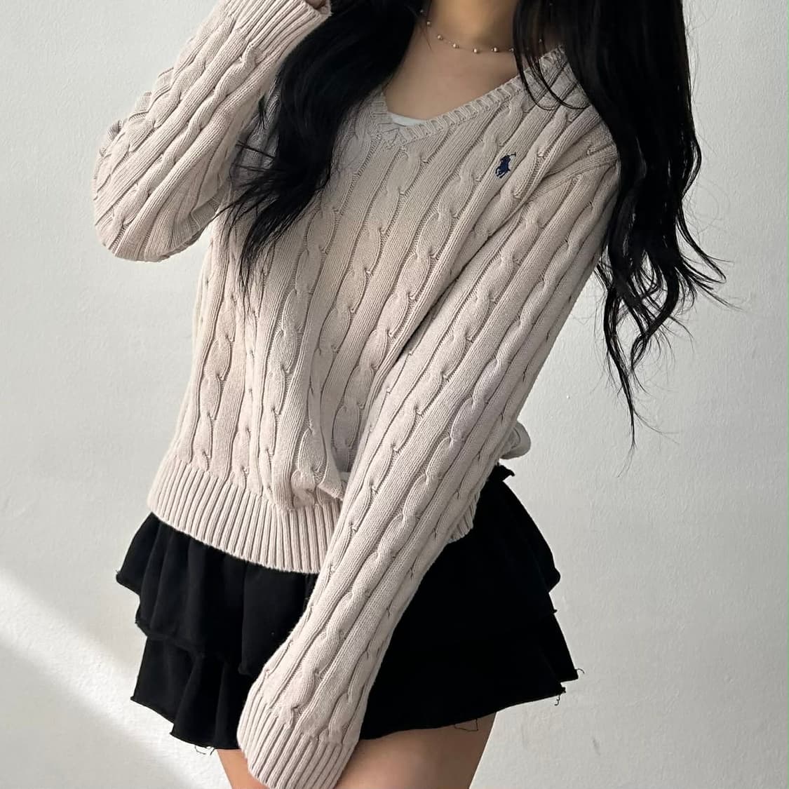 폴로 랄프로렌 연그레이 케이블 걸즈 브이넥 코튼 니트(L) 상품이미지1