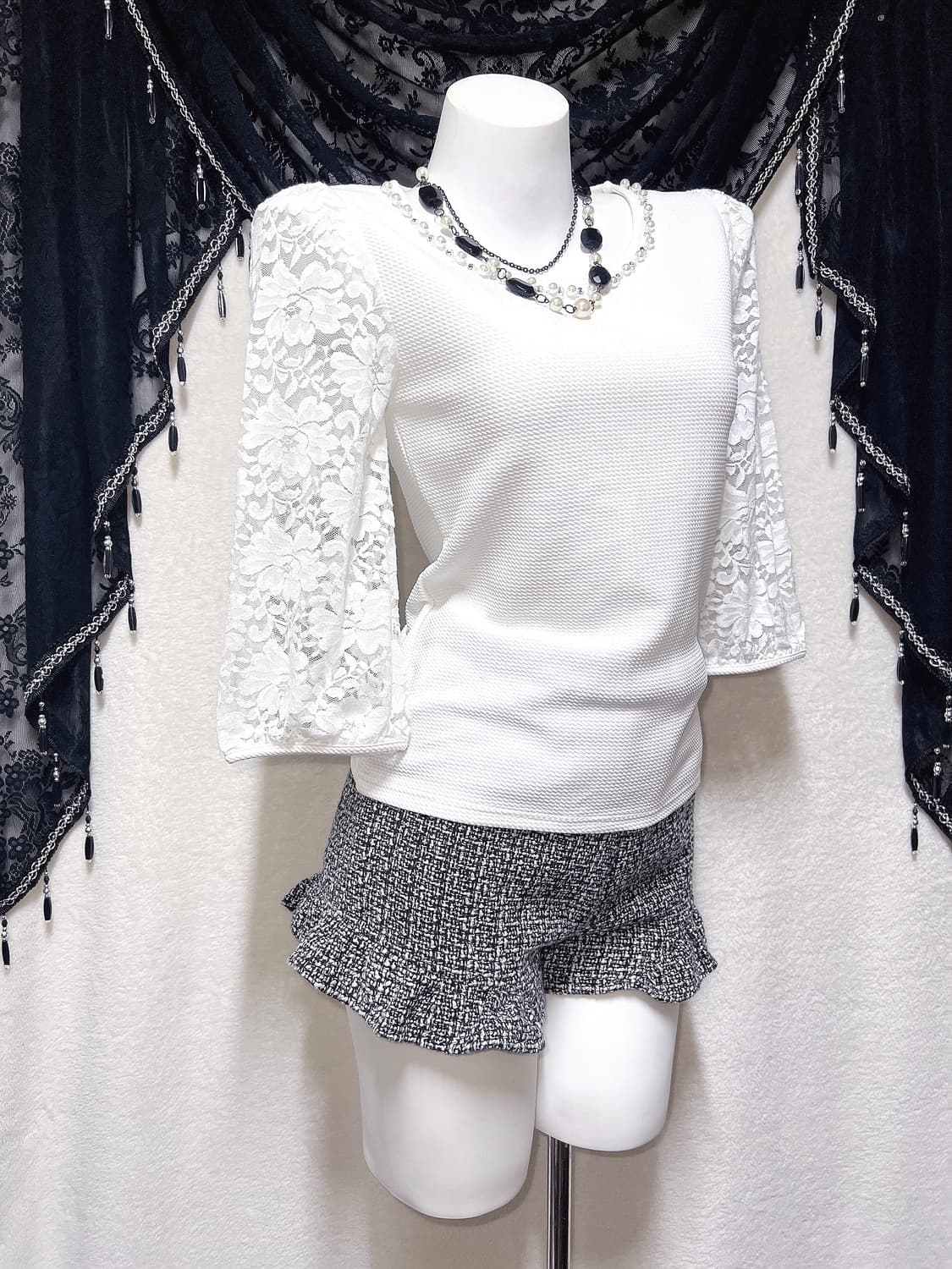 로맨틱갸루 로걀탑 진주 큐빅 시스루 레이스 블라우스 히메 양산형 핀터 상품이미지3