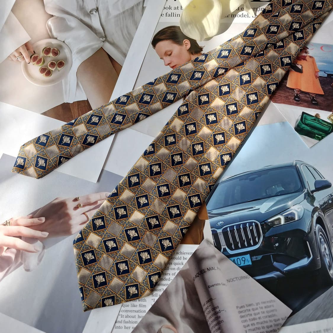 랑방 실크 기하 플라워 패턴 넥타이 9.2cm B등급 A19553 상품이미지4