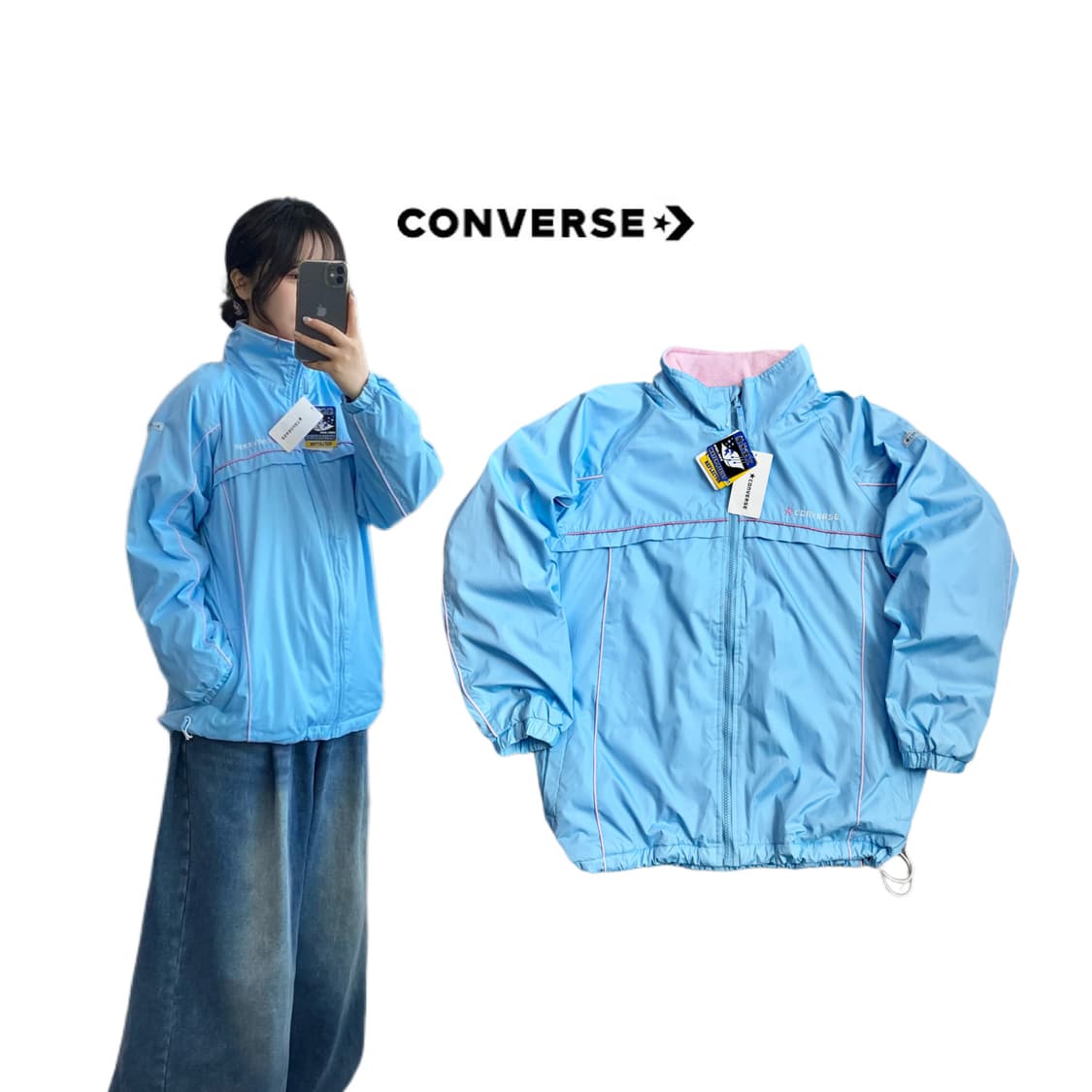 *새상품* 컨버스 제팬 빅로고 색감 하늘 핑크 바람막이  상품이미지1