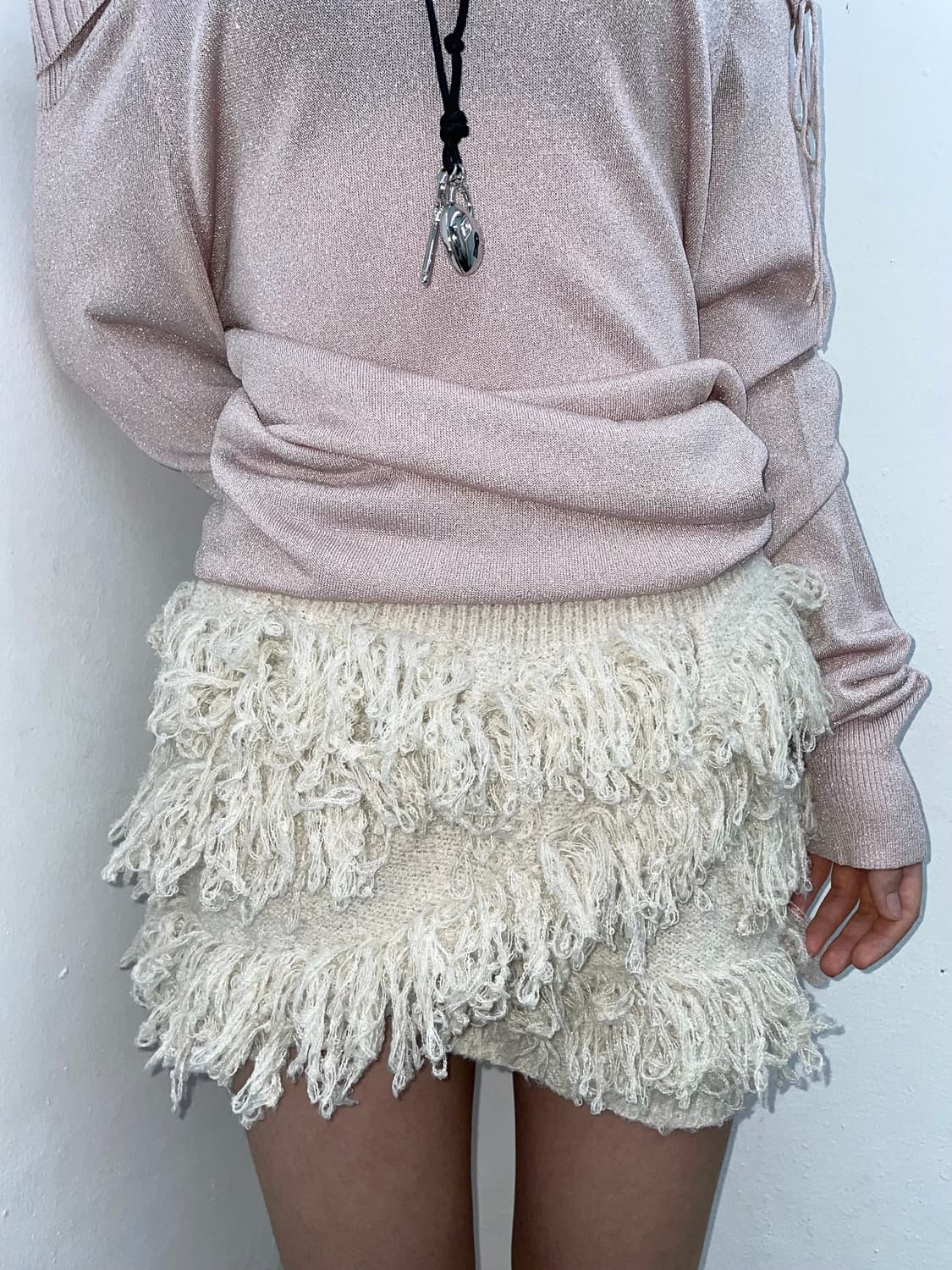 헤어리 퍼 프릴 니트 스커트 상품이미지5