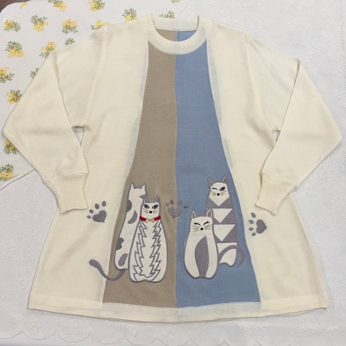 일본 빈티지 고양이 자수 패치 배색 니트 모리걸 상품이미지5