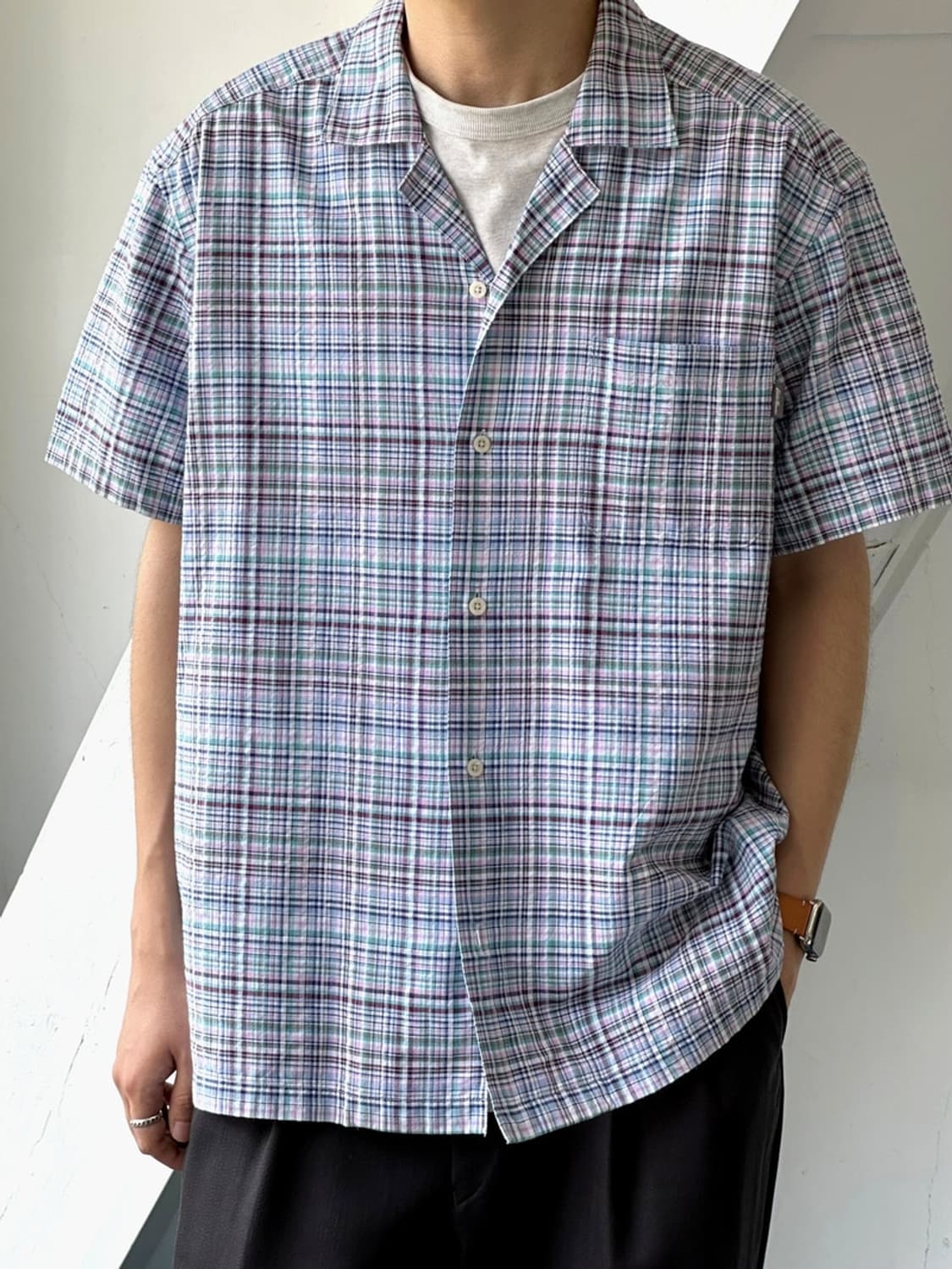 Cotton suker wrinkled open collar H/S sh 상품이미지8