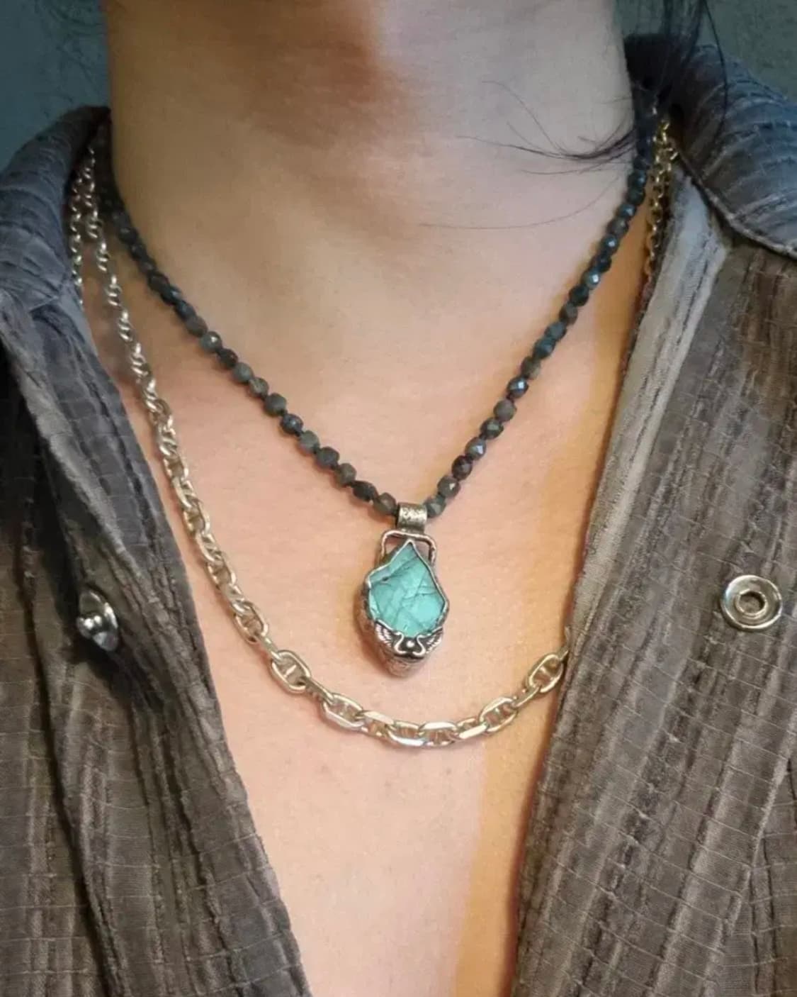 발리 에메랄드 래브라도라이트 빈티지 목걸이 펜던트 은목걸이 상품이미지10