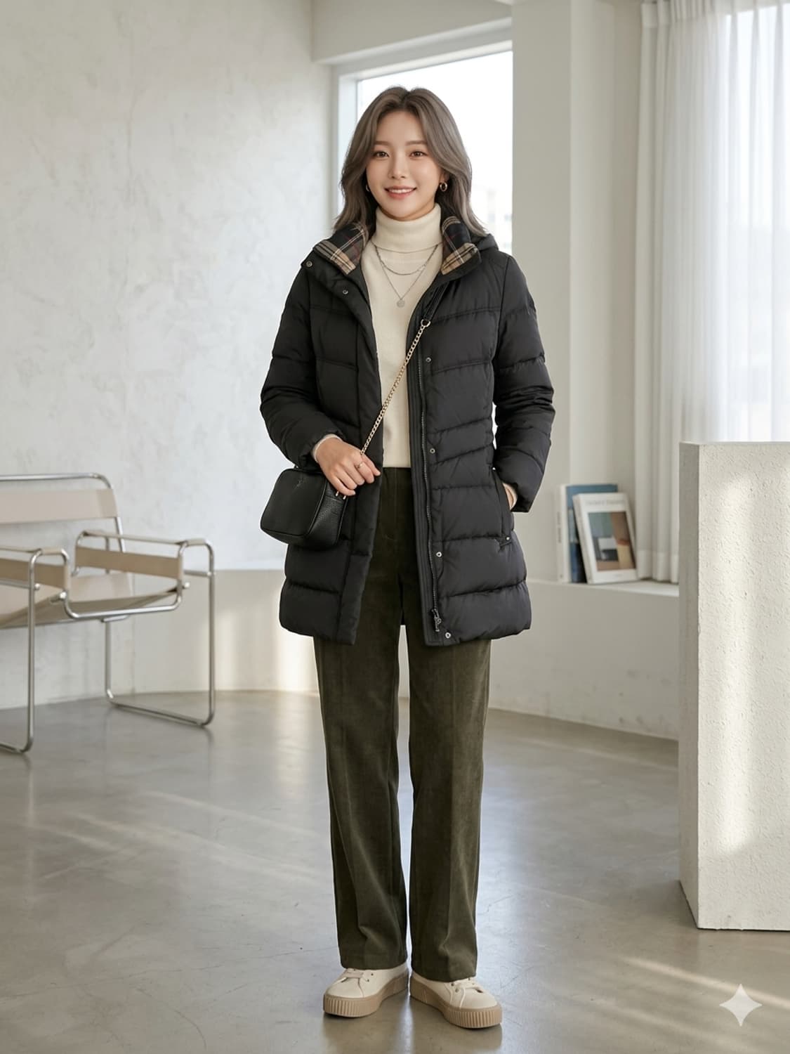 헤지스(HAZZYS) 클래식 체크 안감 블랙 구스다운 롱패딩 상품이미지1