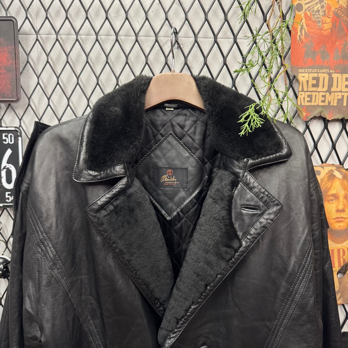 알랭드롱 빈티지 퍼카라 레더 반코트 안감 퀼팅 디테일 블랙 상품이미지3