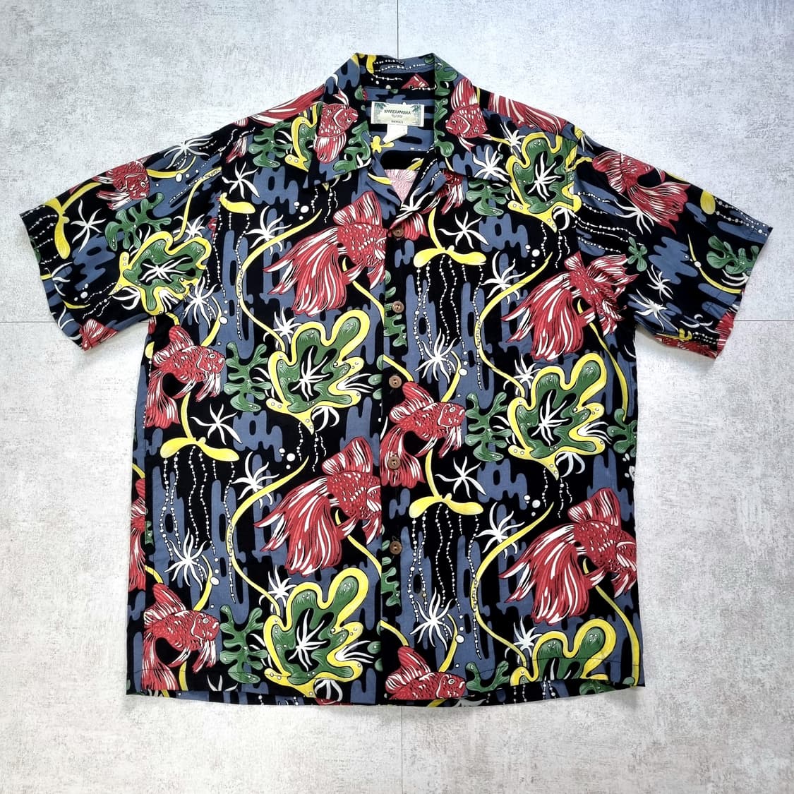 80s USA 카메하메하 금붕어 패턴 하와이안 셔츠 M, 105sz 상품이미지2